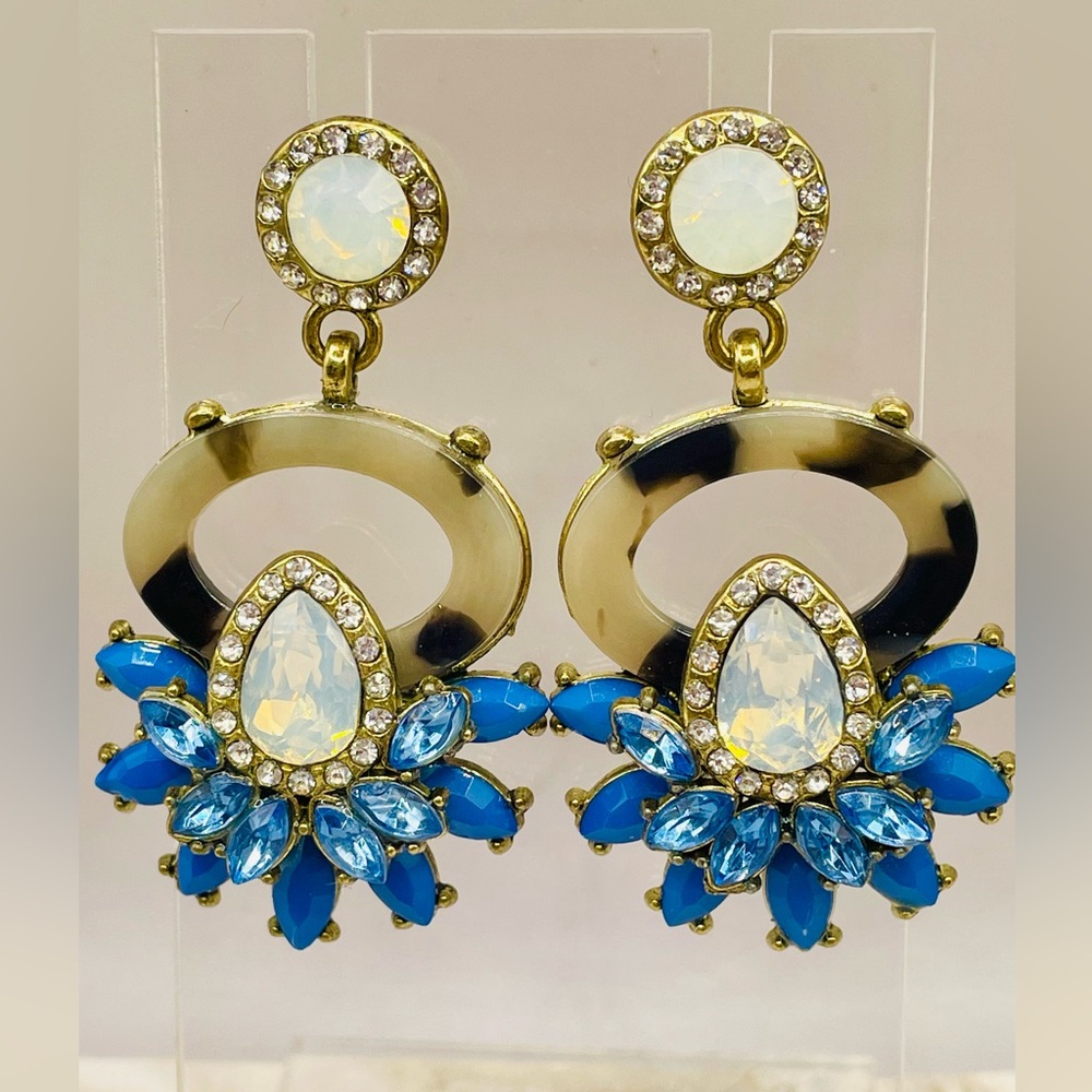 Vintage Faux Opal and Blue Stones Gold Tone Statement Earrings